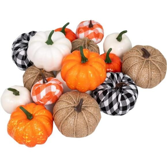16 PCS Fall Decor Assorted Sizes Artificial Pumpkins Burlap Faux Foam Pumpkin - Picture 1 of 7